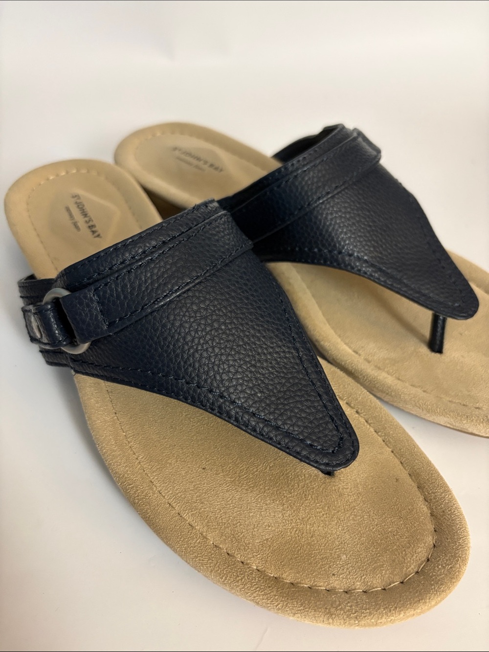 St. John's Bay Navy Women’s Thong Sandals with Tan Footbed and Buckle - Picture 4 of 8